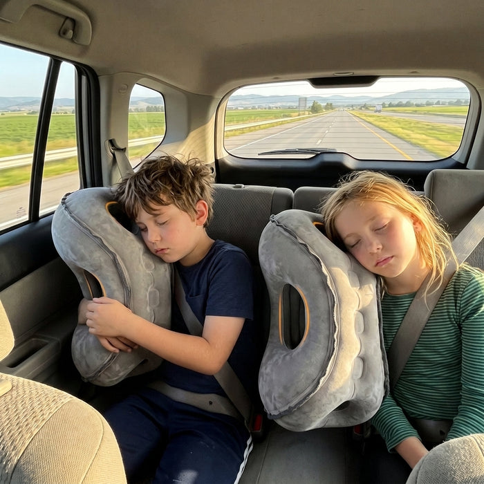 Two kids sleeping in the back seat of a car with SkyNap pillows