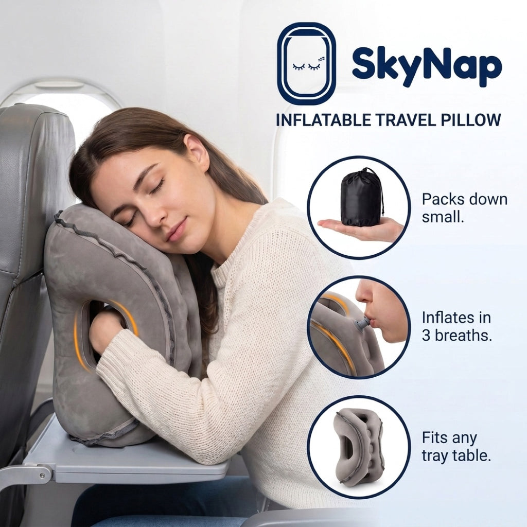 SkyNap inflatable travel pillow: packs down small, inflates in 3 breaths, fits any tray table