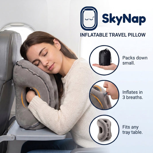 SkyNap inflatable travel pillow: packs down small, inflates in 3 breaths, fits any tray table