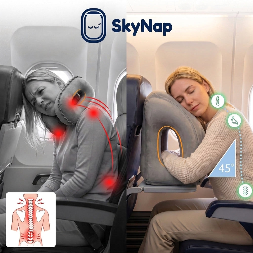 SkyNap keeps your back aligned at 45 degrees while you sleep on a plane
