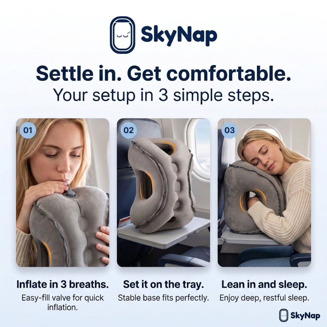 SkyNap setup in 3 simple steps: inflate, set it on the tray, lean in and sleep