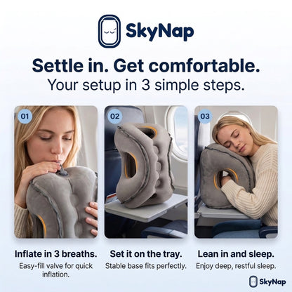 SkyNap setup in 3 simple steps: inflate, set it on the tray, lean in and sleep