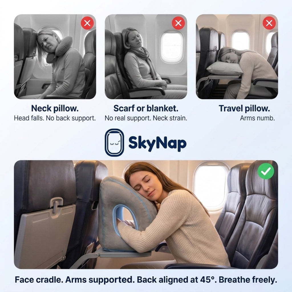 SkyNap compared with a neck pillow, a scarf and a regular travel pillow