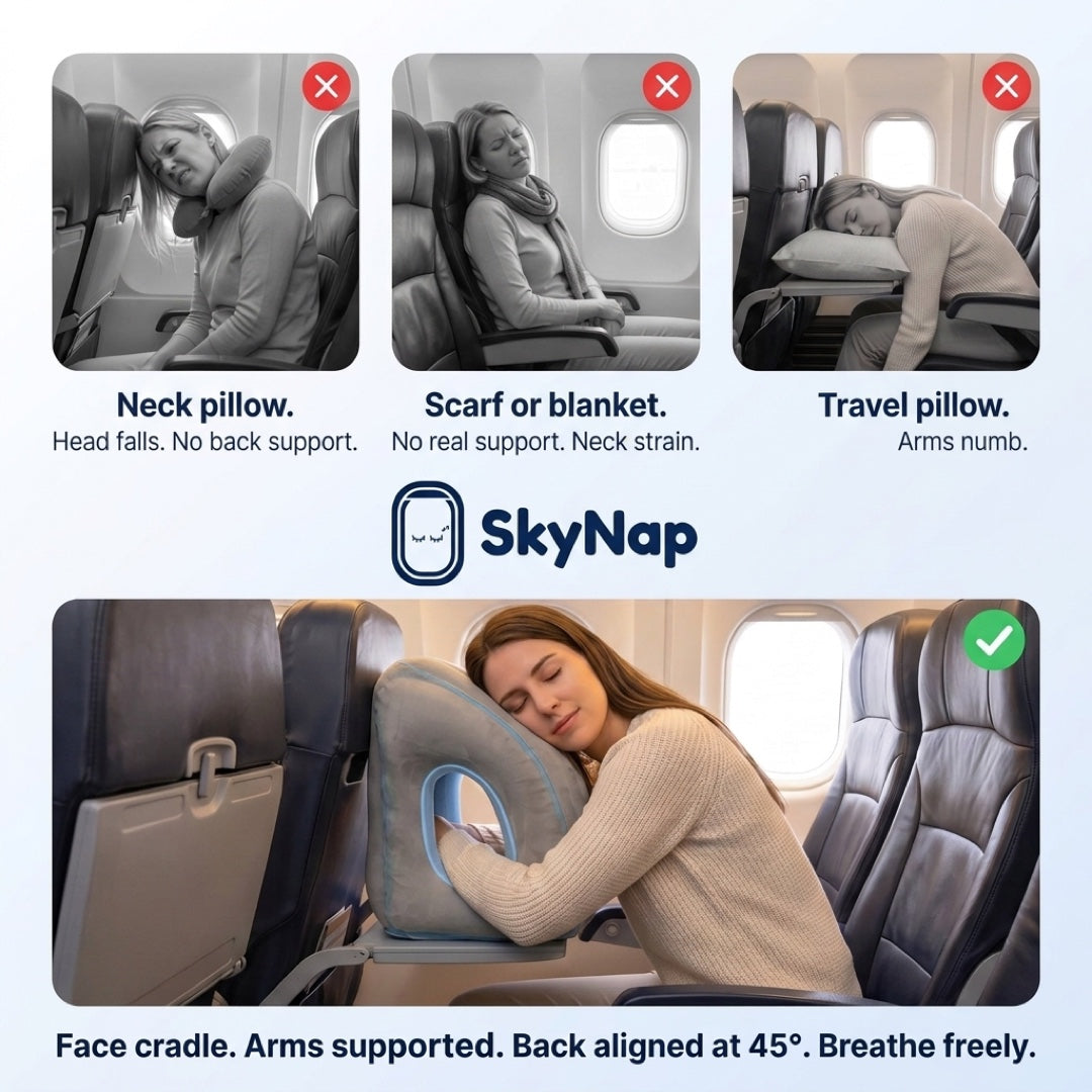 SkyNap compared with a neck pillow, a scarf and a regular travel pillow